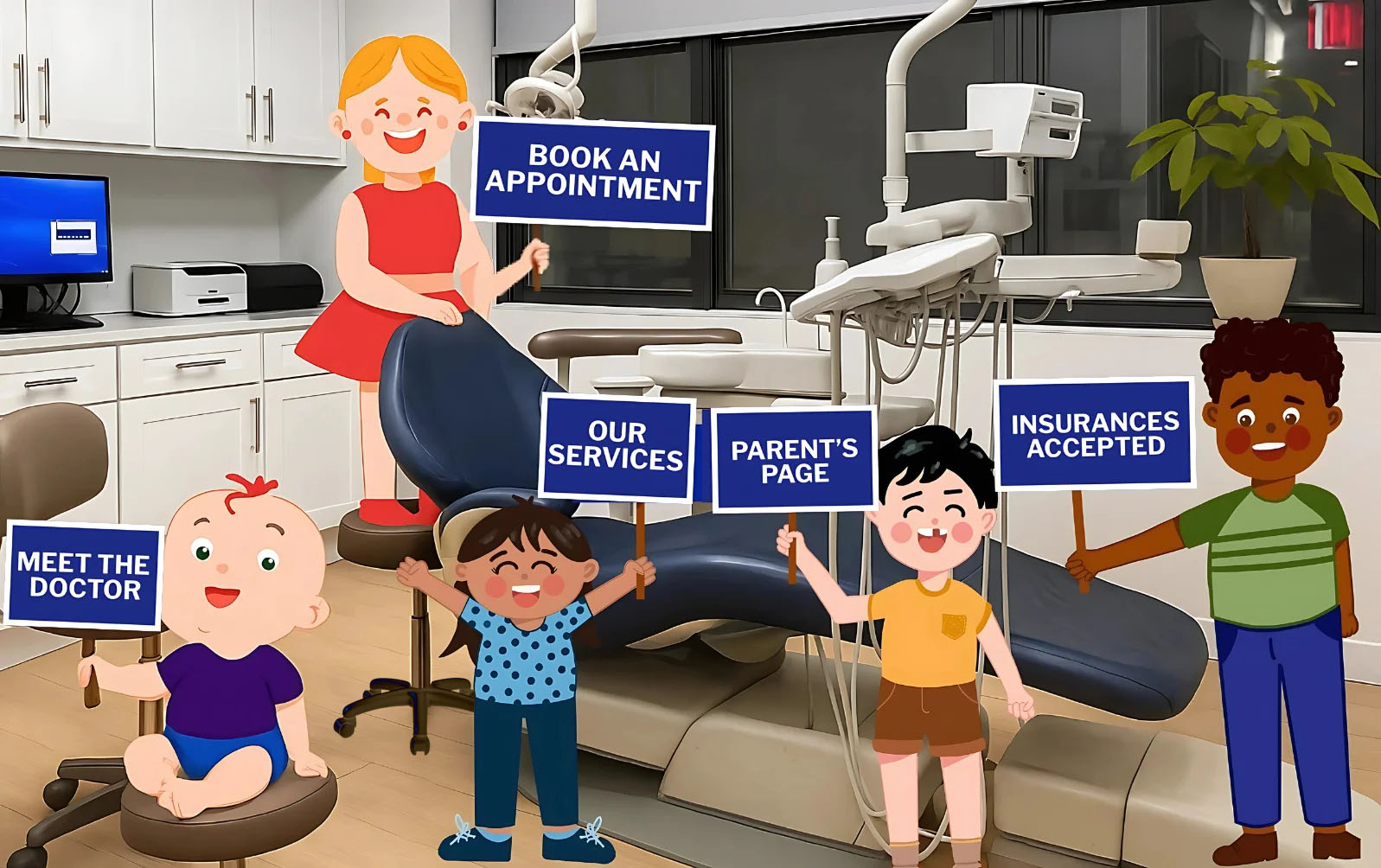 This is a digital illustration featuring an animated scene with a family gathered around a dental chair, holding signs with various messages related to dental care services, such as  Book an appointment,   Our insurance accepted,  and  Meet the staff.  The setting appears to be a modern dental office interior.