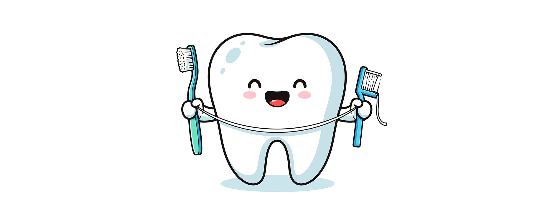 The image features a cartoon toothbrush with two brushes in its hands, standing upright on a white background.