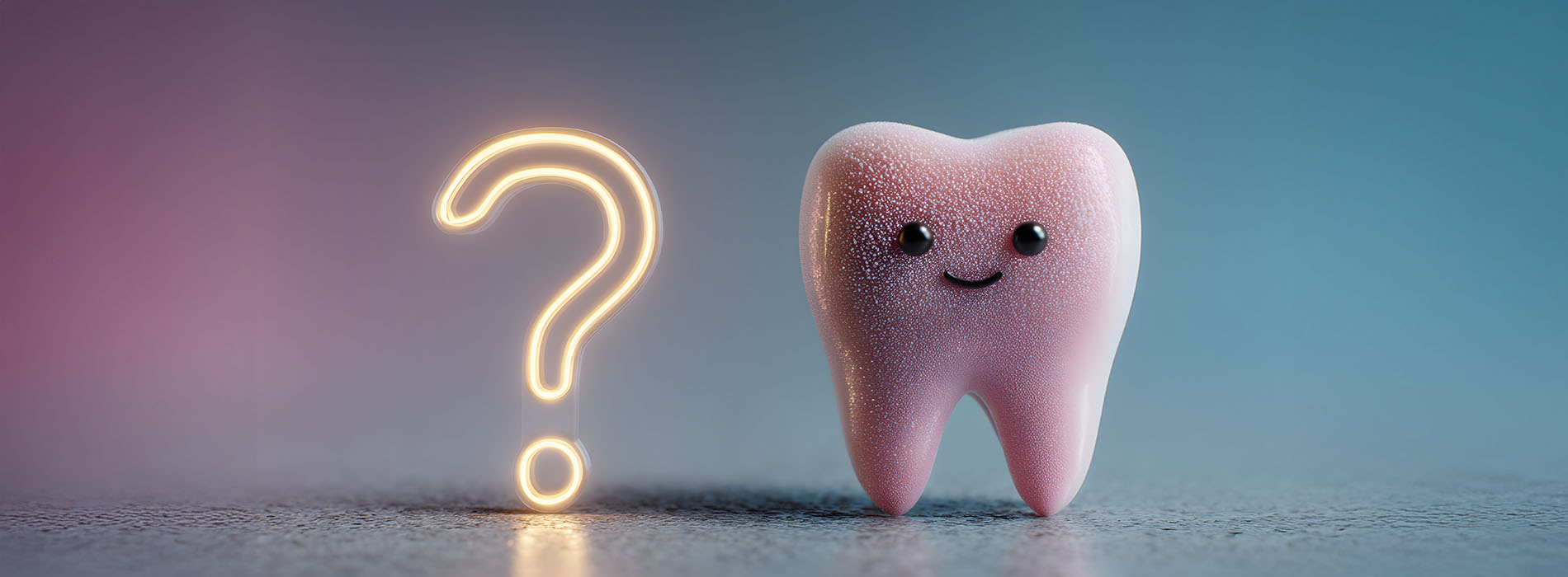 The image features a playful scene with a cartoon tooth character standing on a surface, surrounded by a colorful background, with a question mark pointing towards it.