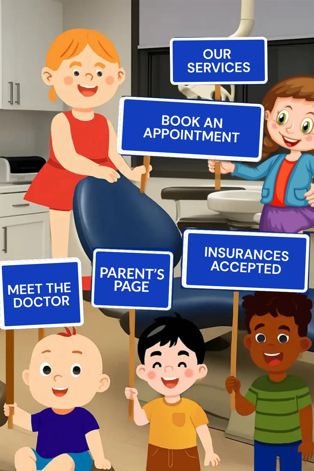 The image displays a cartoon-style illustration of a diverse group of people, including adults and children, gathered around a dental office setting with text indicating various services offered such as appointments, insurance, and meeting the doctor.