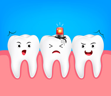 A cartoon illustration depicts four anthropomorphized teeth with faces, humorously portraying a toothache scenario with one tooth having a red lightbulb above it, another with a sad face, a third with a neutral expression, and a fourth with a toothbrush in its mouth.