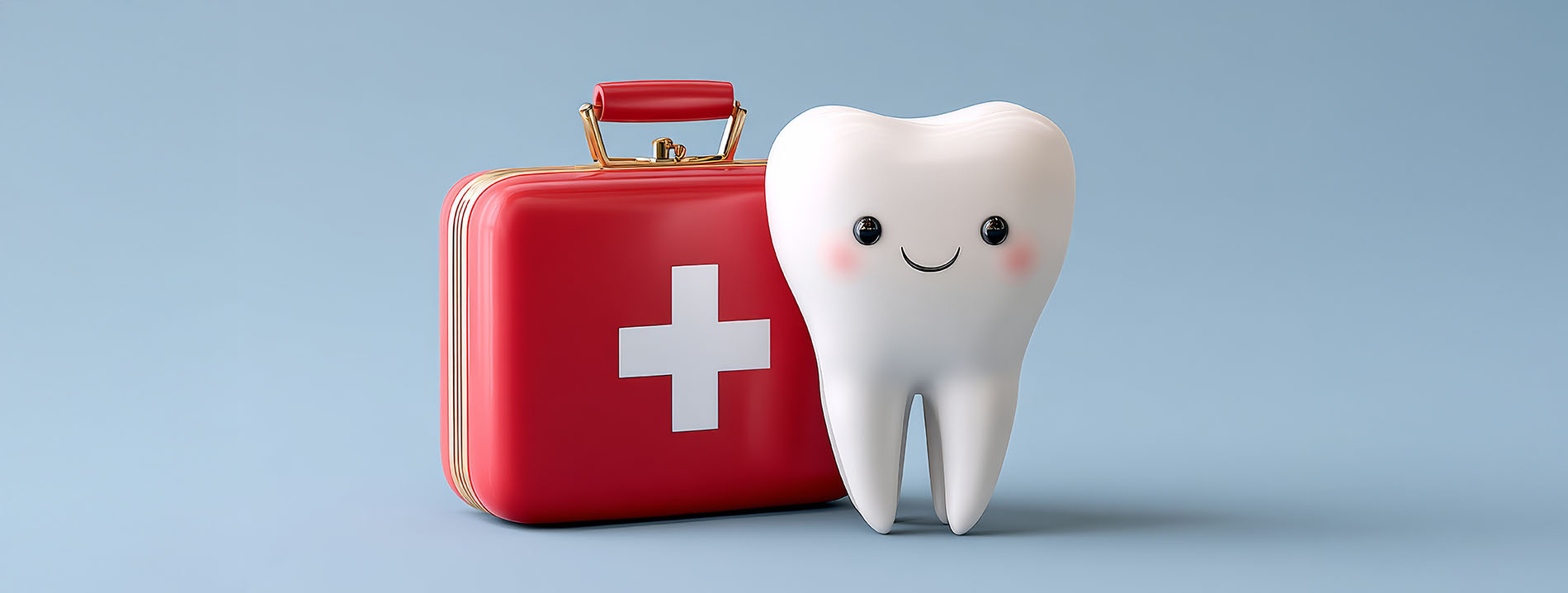 An image featuring a cartoon tooth character with an open mouth next to a red emergency kit and a dental toolbox, set against a blue background.