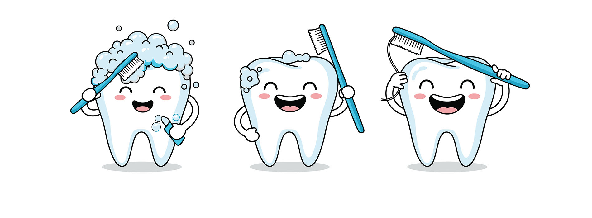 The image shows four cartoon tooth characters in a row, each engaged in different activities related to dental hygiene  brushing teeth, flossing, rinsing with mouthwash, and using an electric toothbrush.