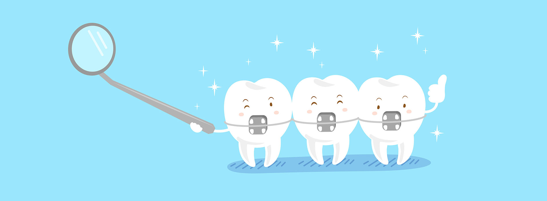 The image shows a whimsical scene with five cartoon teeth characters on a water surface, each wearing a different color outfit, being pulled by a magnifying glass towards a toothbrush that s placed in front of them.