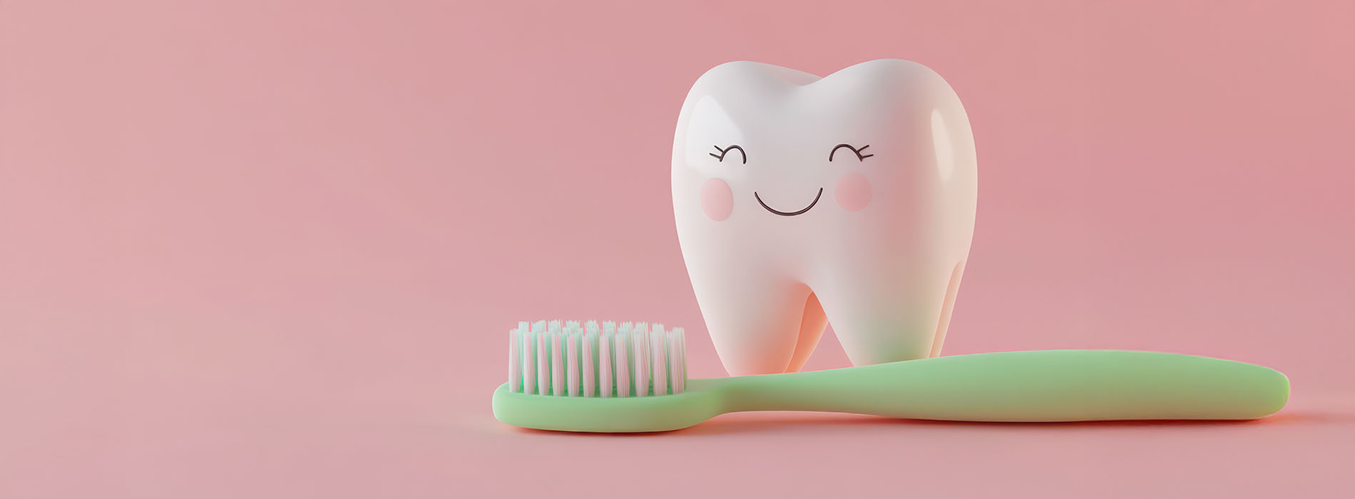 A vibrant pink toothbrush with a cartoon tooth character placed on top, next to a green toothpaste tube.