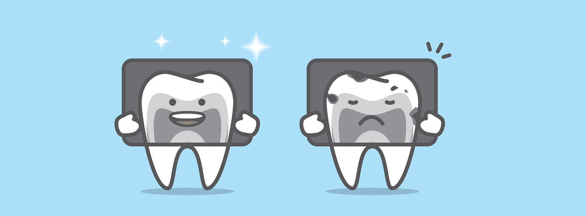 The image shows three cartoon teeth with faces, standing upright on a surface that appears to be water, with sparkles suggesting a magical or whimsical setting.