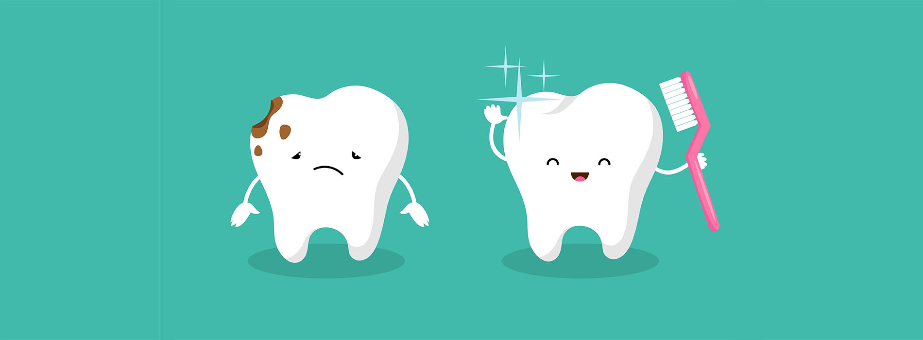 The image depicts three anthropomorphic tooth characters from the animated series  Teen Titans Go  , each with distinct expressions, standing on a green surface with a blue border, and one of them holds a toothbrush.