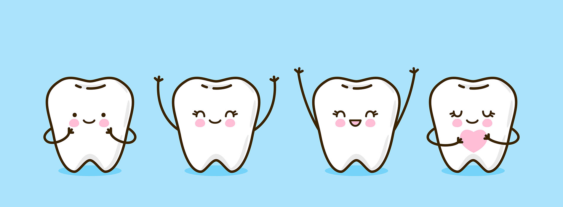 The image features a row of cartoon tooth characters with various expressions, sitting on a blue surface.