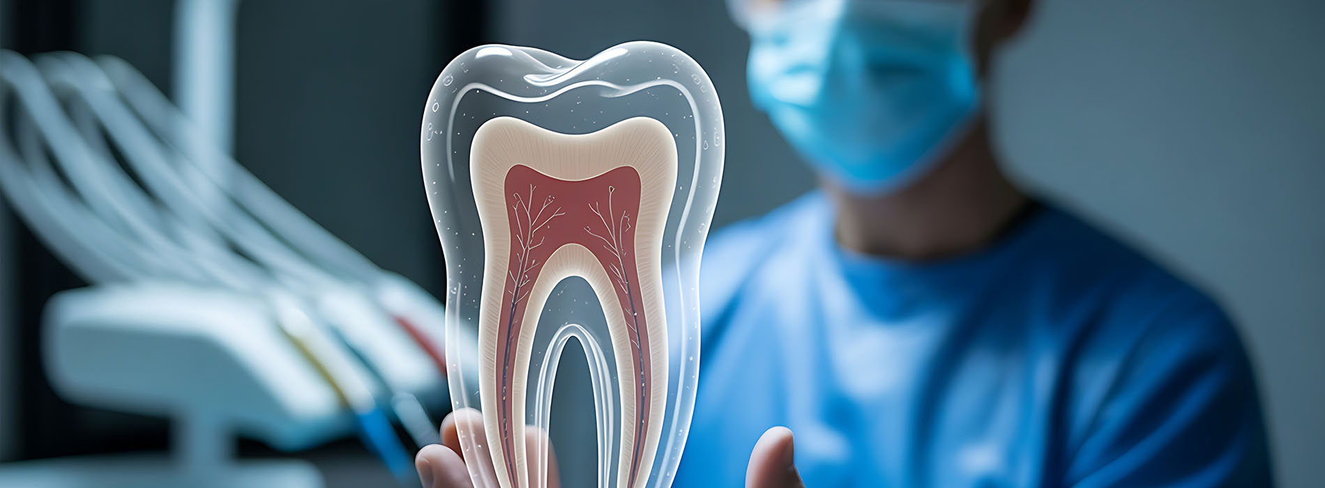 The image displays a dental model with a tooth being held up by a dentist wearing medical gloves, set against a background of a dental office with various equipment and tools.