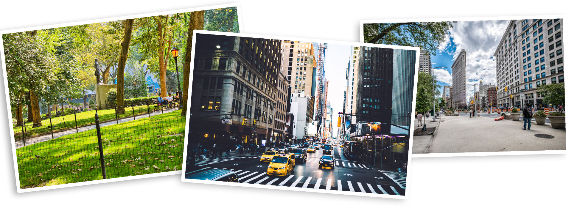 The alt text describes the content of the image, which appears to be a collage of four photographs featuring urban scenes  one shows a park with trees and benches  another depicts a city street corner with traffic lights and buildings  the third captures a bustling downtown area with people and signs  and the fourth is an aerial view of a cityscape with buildings, streets, and parks.